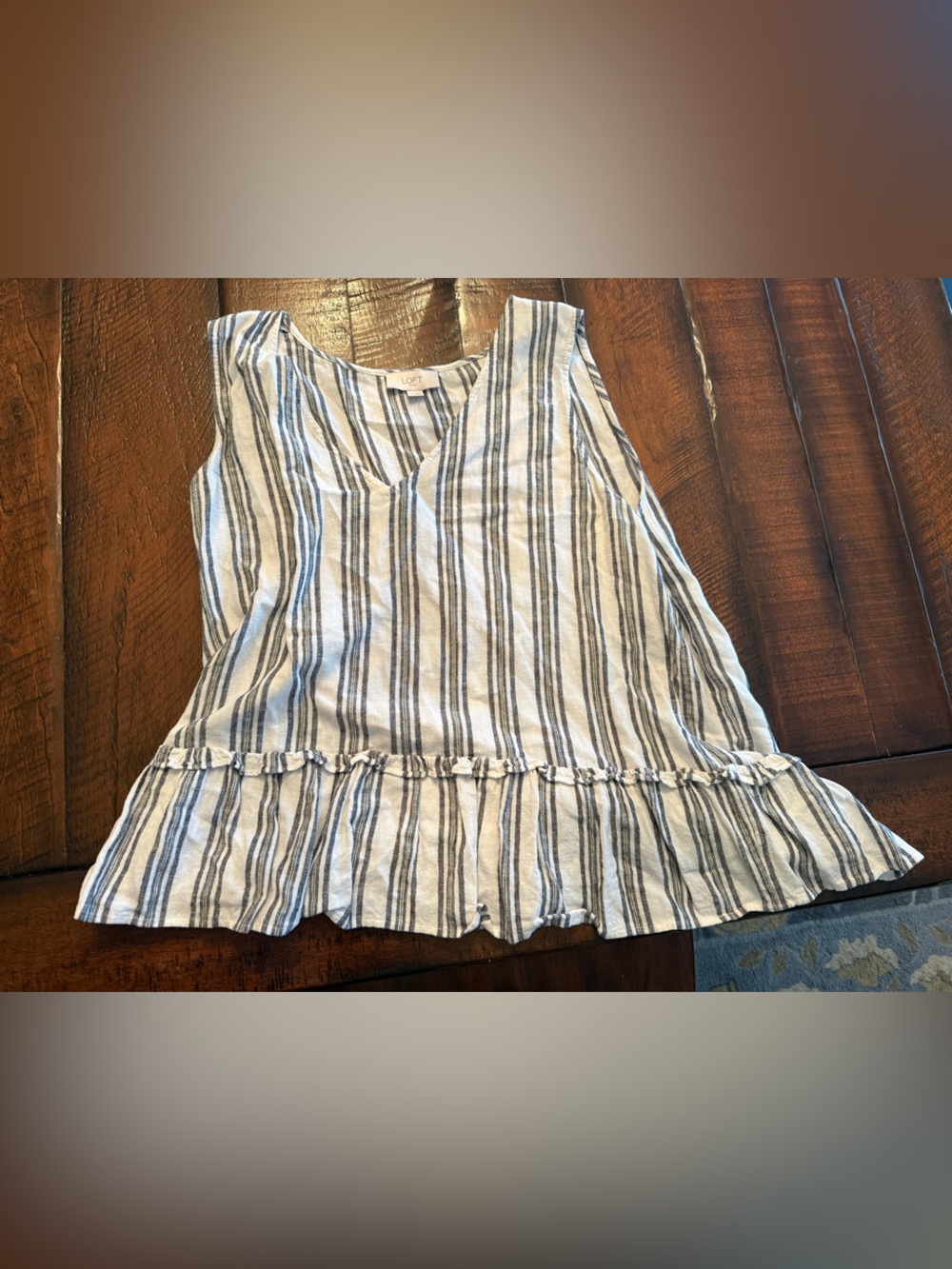 LOFT Navy and White Striped V-Neck Tank with Ruffle Hem